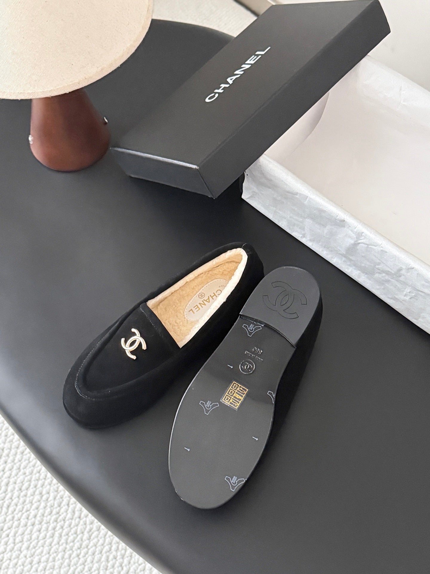 CHANEL 26S LOAFERS IN BLACK SUEDE AND SHEARLING LINING