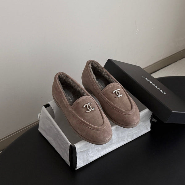 CHANEL 26S LOAFERS IN GREY SUEDE AND SHEARLING LINING
