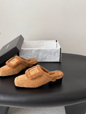 CHANEL 26S MULES IN BROWN SHEARLING AND SUEDE