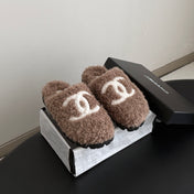 CHANEL 26S SLIDE SANDALS IN TAUPE BROWN SHEARLING UPPER AND LINING WITH WHITE CC LOGO