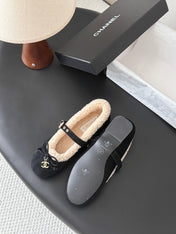 CHANEL 26S MARY JANE FLATS IN BLACK SUEDE AND SHEARLING