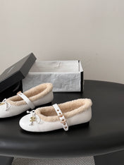 CHANEL 26S MARY JANE FLATS IN WHITE LAMBSKIN AND SHEARLING