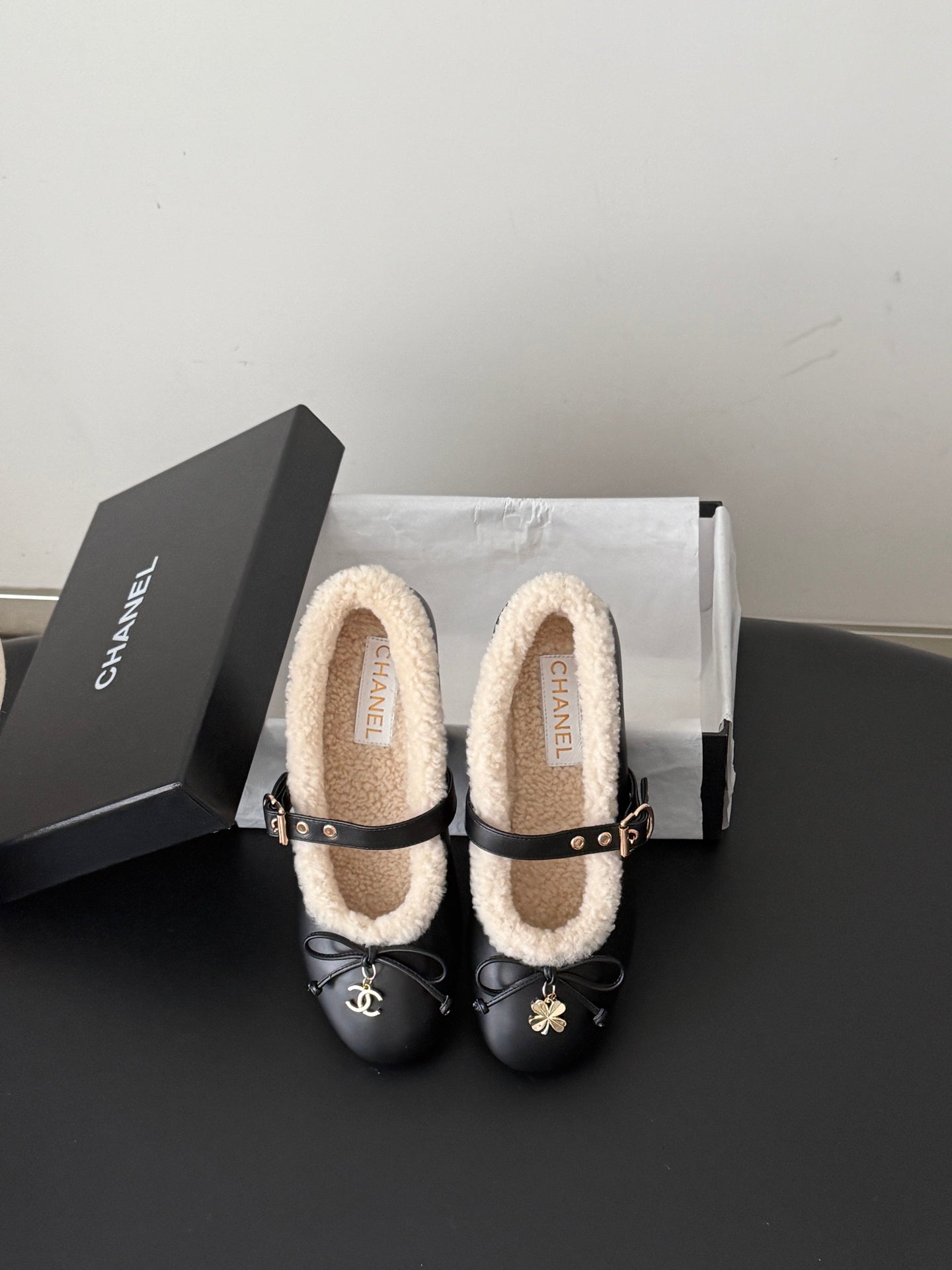 CHANEL 26S MARY JANE FLATS IN BLACK LAMBSKIN AND SHEARLING