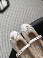 CHANEL 26S MARY JANE FLATS IN WHITE LAMBSKIN AND SHEARLING