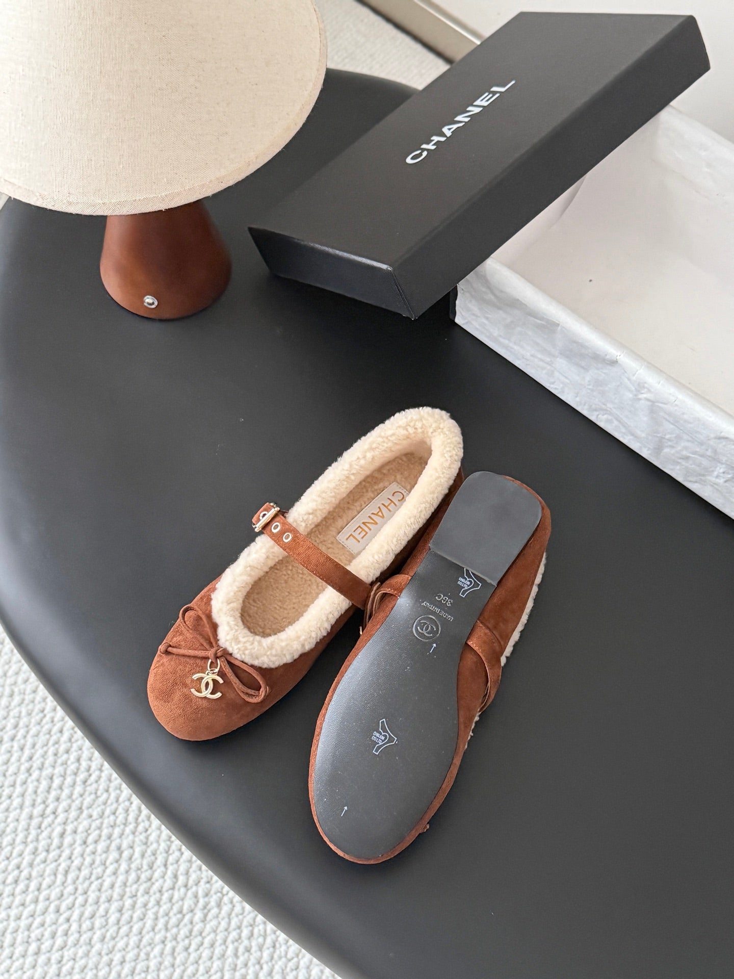 CHANEL 26S MARY JANE FLATS IN BROWN SUEDE AND SHEARLING