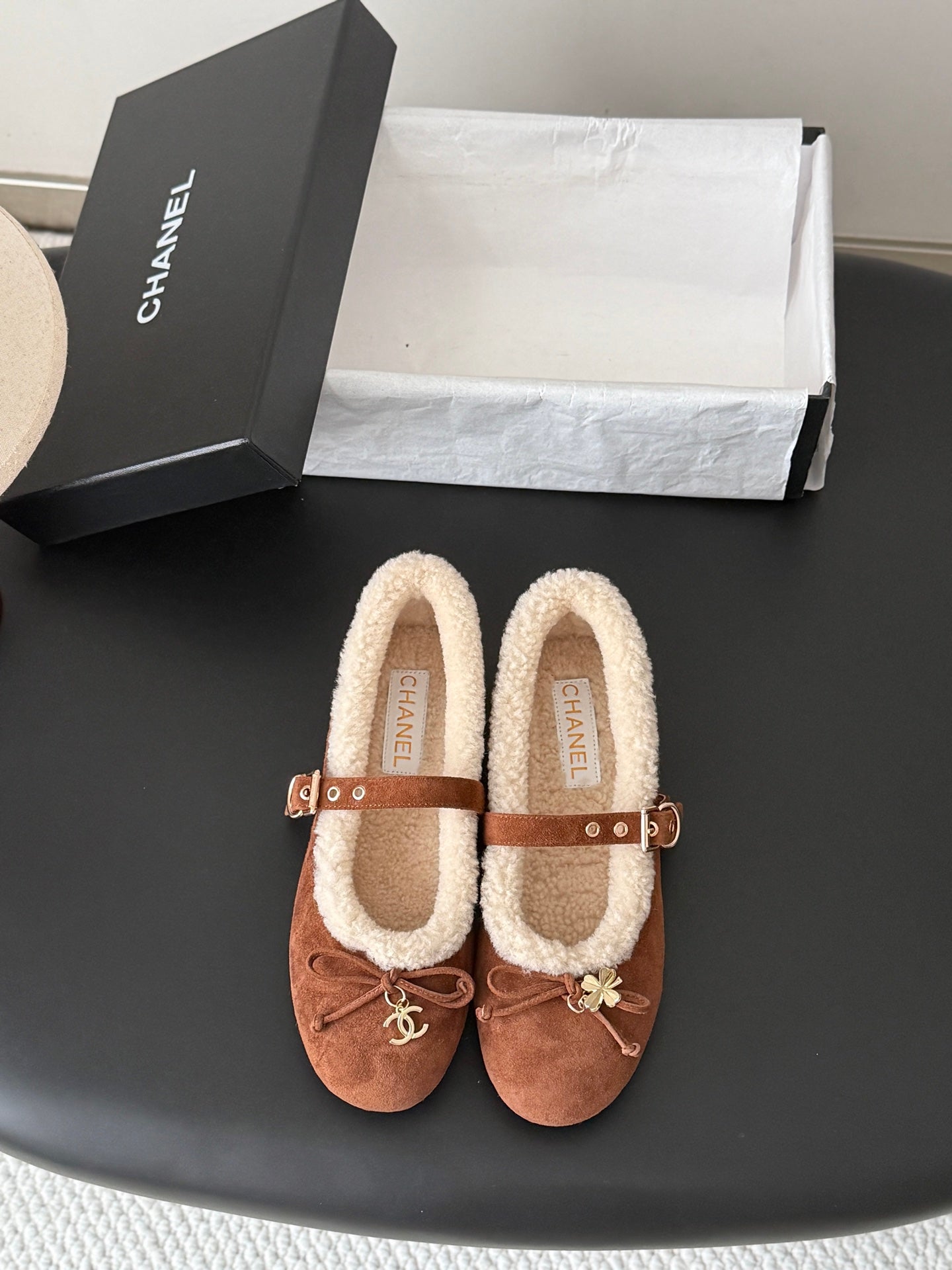 CHANEL 26S MARY JANE FLATS IN BROWN SUEDE AND SHEARLING