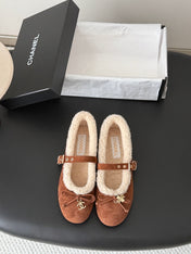 CHANEL 26S MARY JANE FLATS IN BROWN SUEDE AND SHEARLING