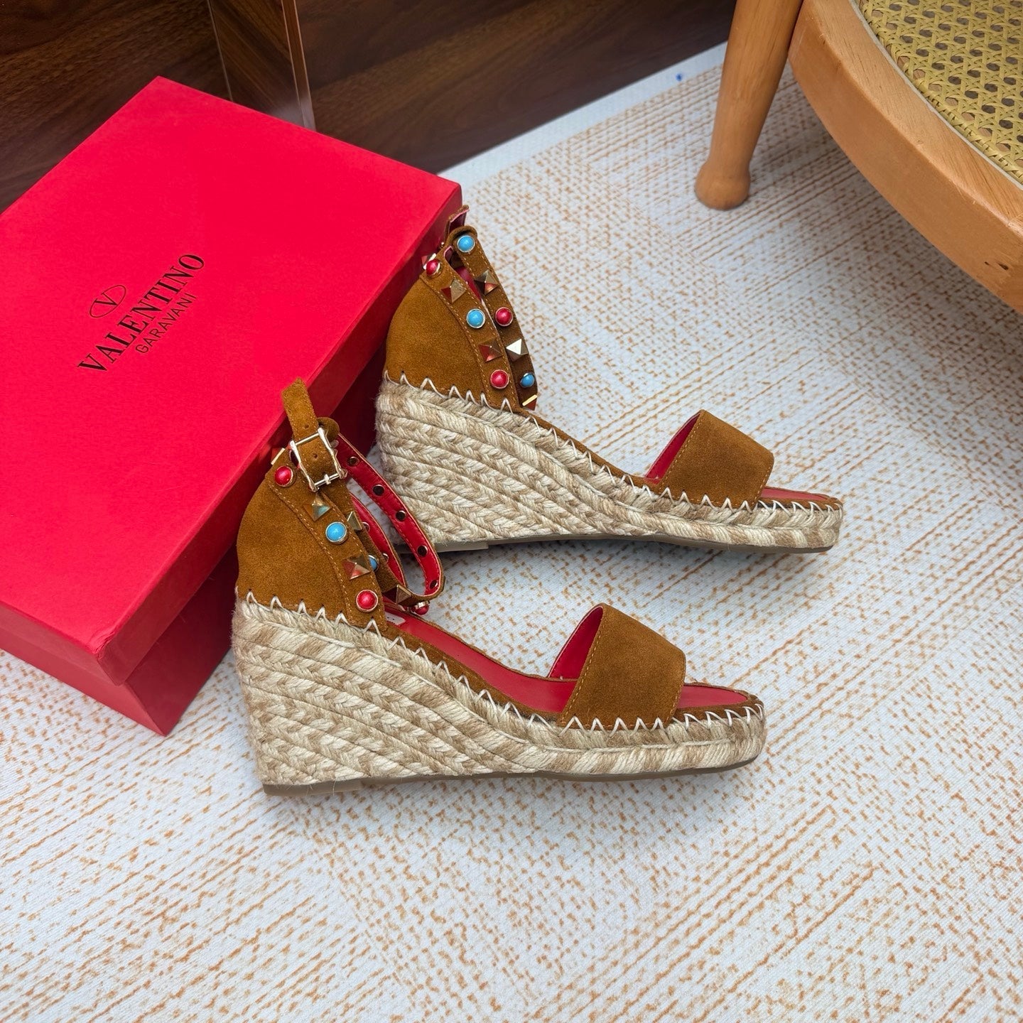 VALENTINO 26S ESPADRILLE WEDGE SANDALS 95 MM IN BROWN SUEDE WITH ROCKSTUDS