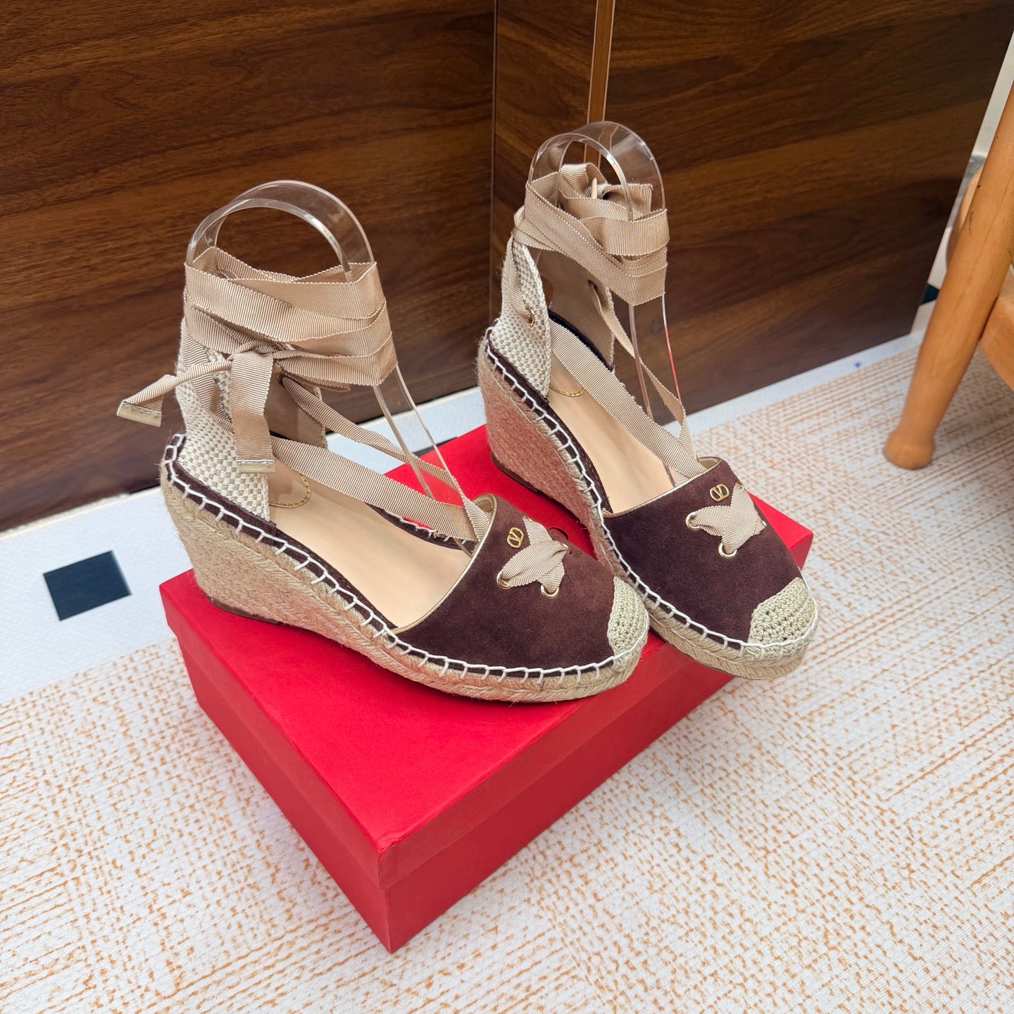 VALENTINO 26S ESPADRILLE WEDGE SANDALS 95 MM IN DARK BROWN SUEDE