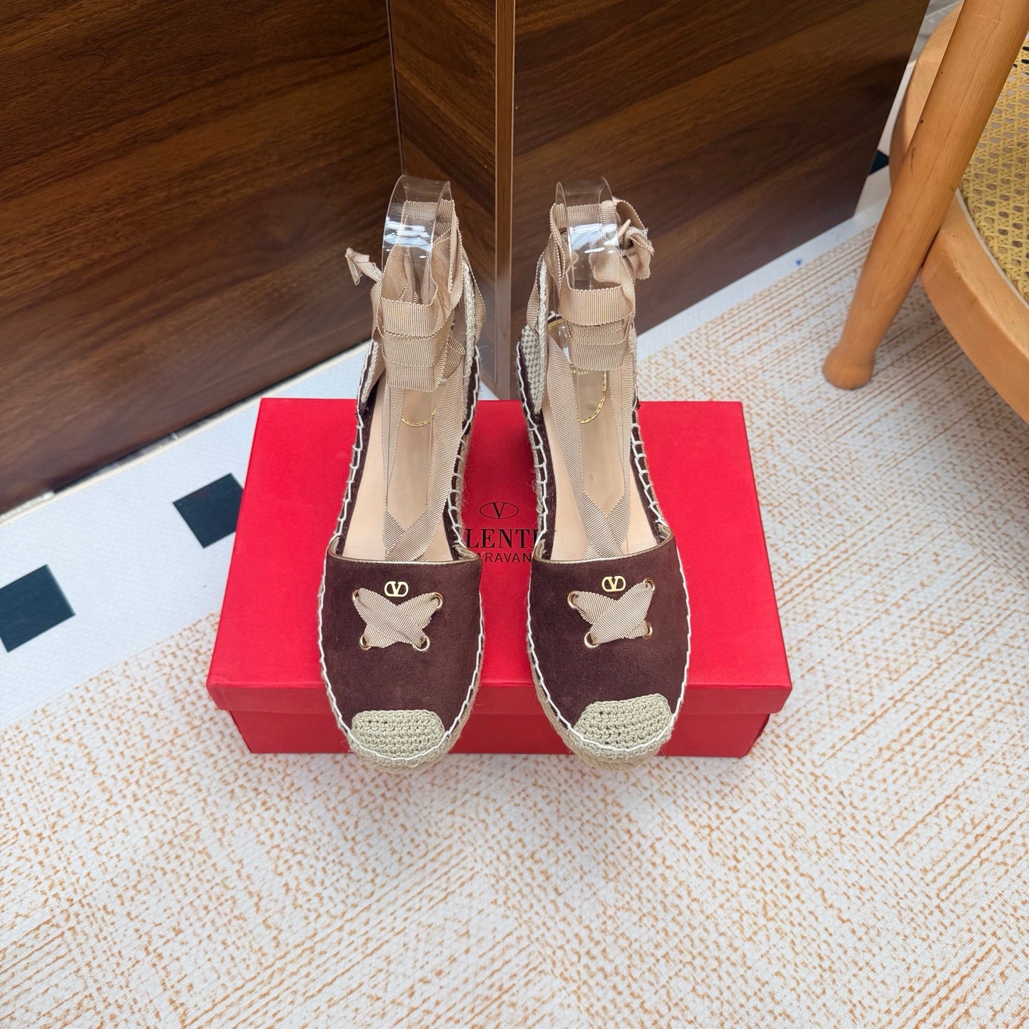 VALENTINO 26S ESPADRILLE WEDGE SANDALS 95 MM IN DARK BROWN SUEDE