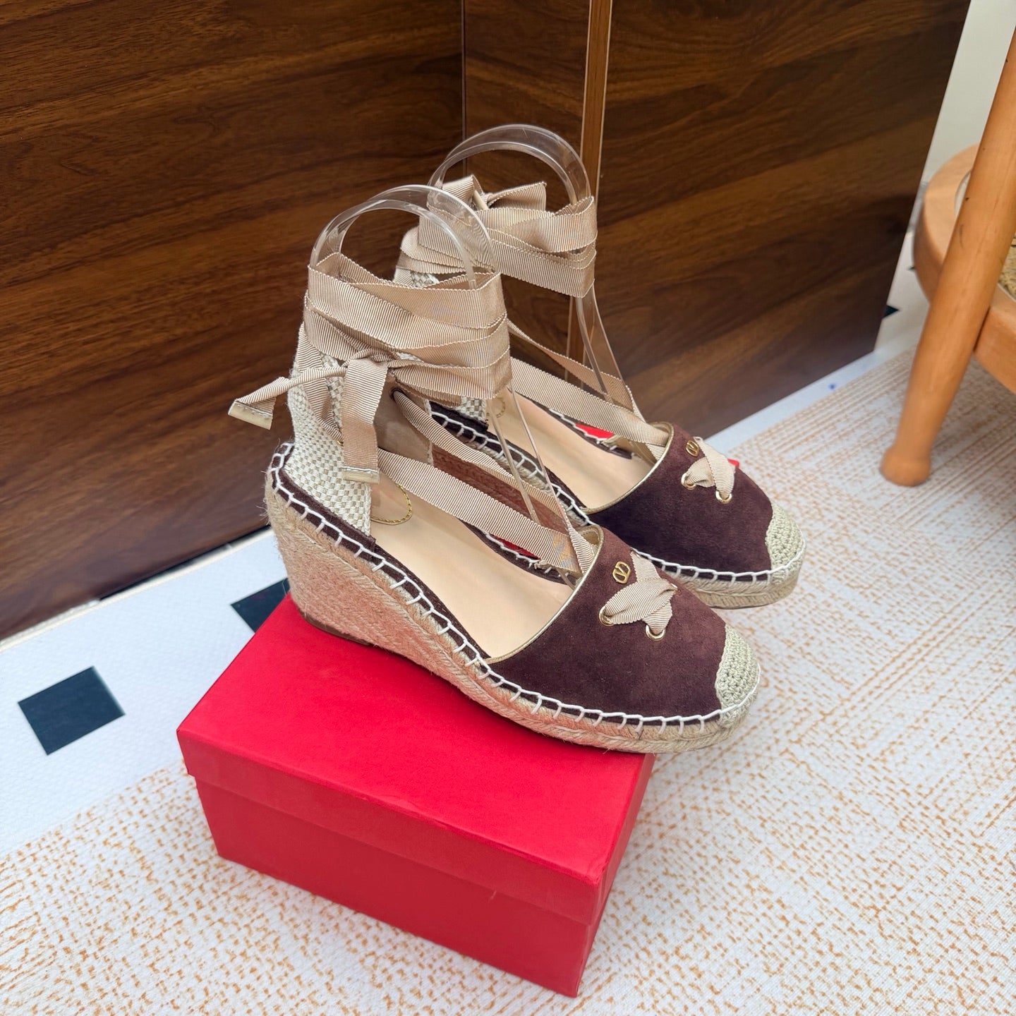 VALENTINO 26S ESPADRILLE WEDGE SANDALS 95 MM IN DARK BROWN SUEDE