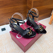 GUCCI 26S WEDGE SANDALS 80 MM IN BLACK GLOSSY CALFSKIN