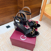 GUCCI 26S WEDGE SANDALS 80 MM IN BLACK GLOSSY CALFSKIN