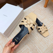 YSL 26S FLAT MULE SANDALS IN BEIGE CALFSKIN