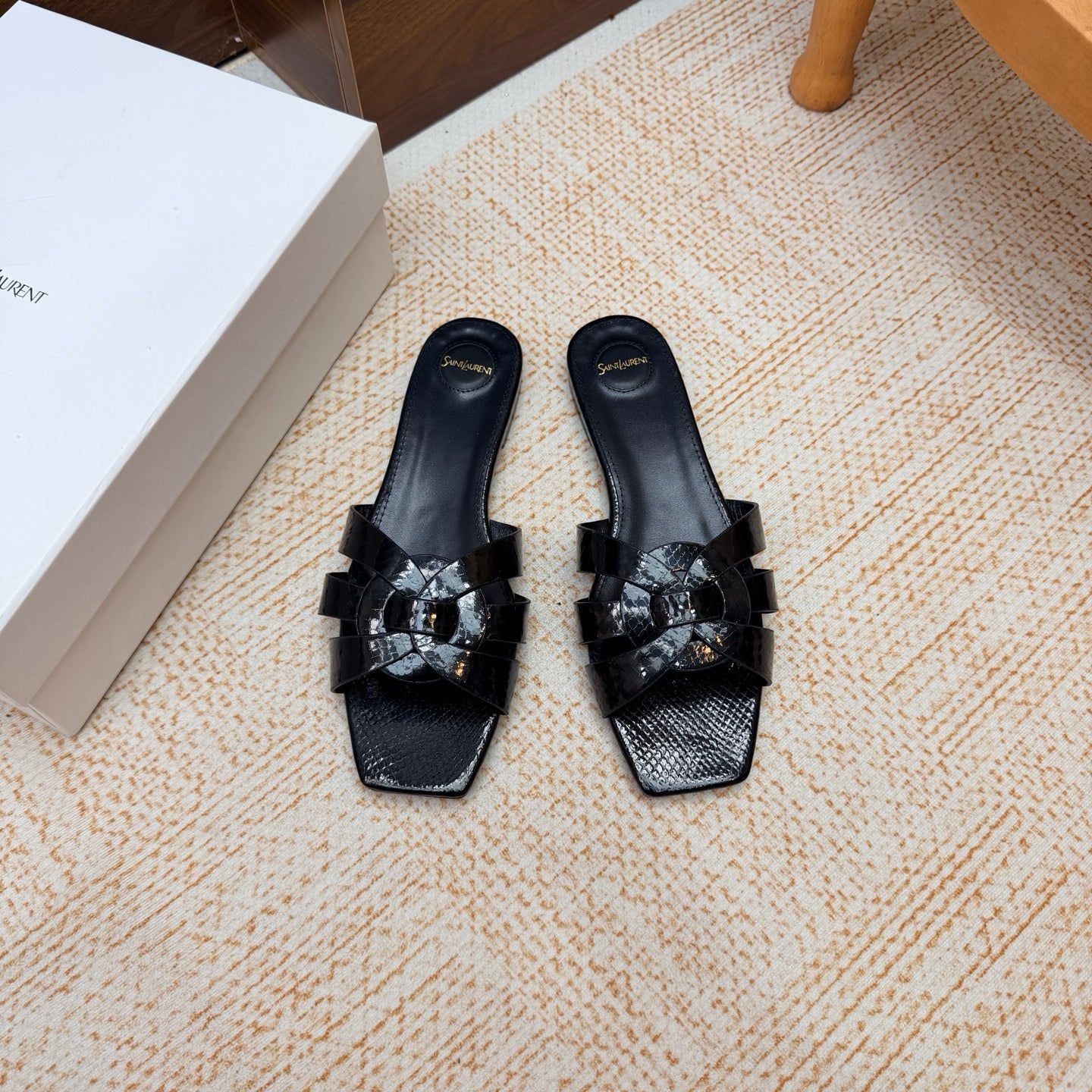 YSL 26S FLAT MULE SANDALS IN BLACK SNAKESKIN