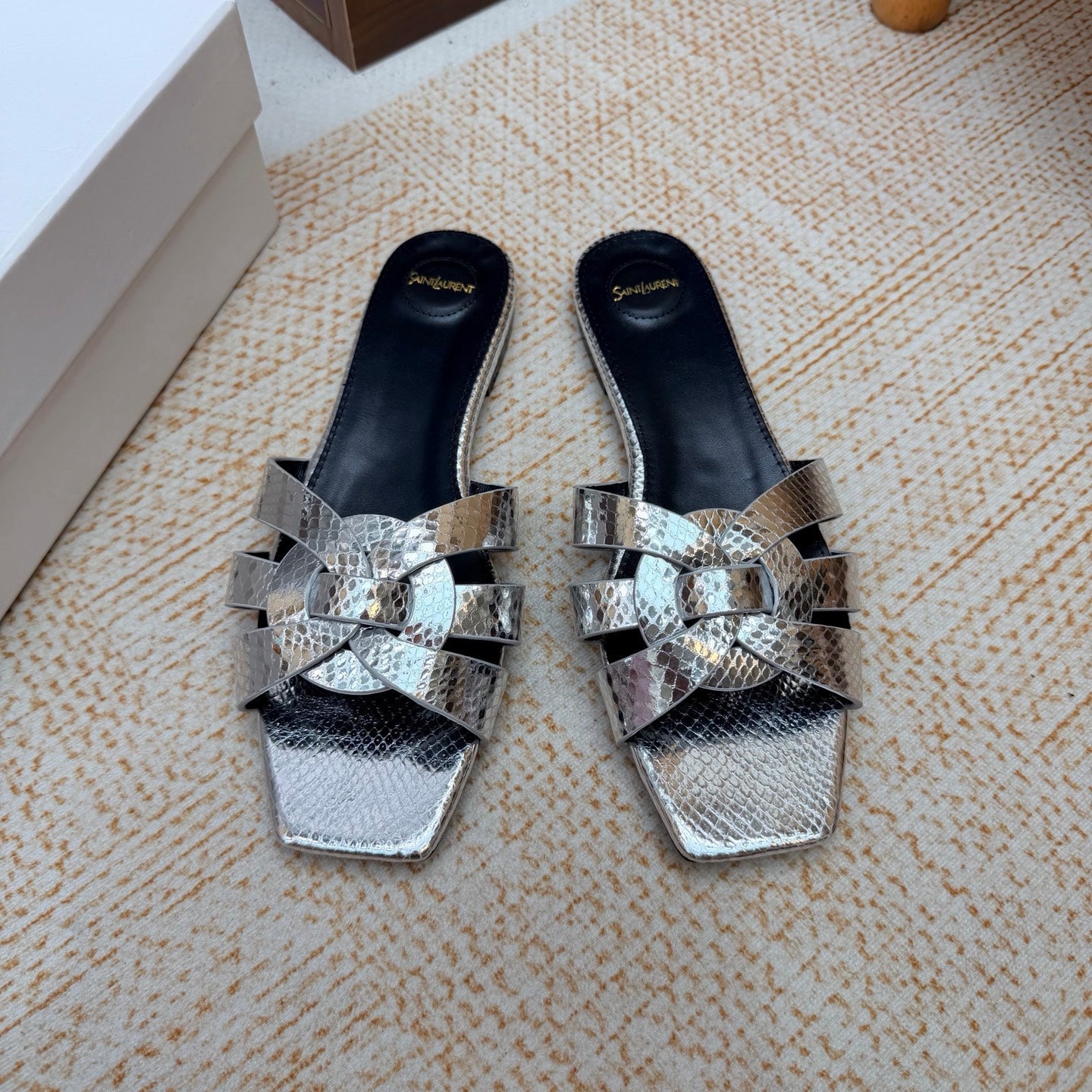 YSL 26S FLAT MULE SANDALS IN SILVER SNAKESKIN