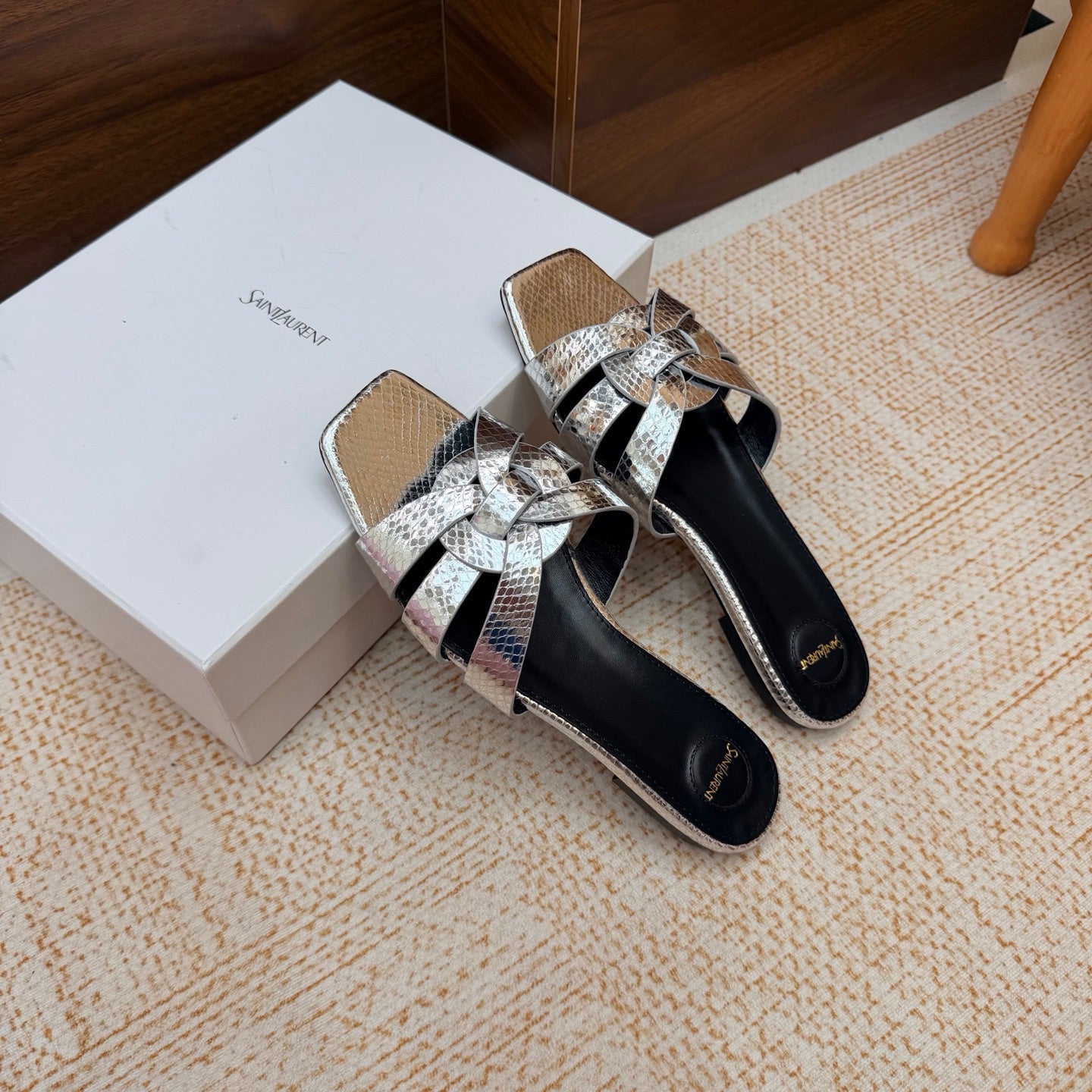 YSL 26S FLAT MULE SANDALS IN SILVER SNAKESKIN