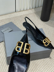 POINTED BB GOLD BUCKLE HIGH SLINGBACK 60MM IN BLACK PATENT CALFSKIN
