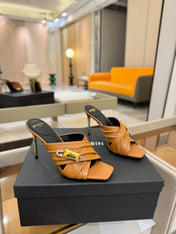 BALMAIN 25S HIGH HEEL SANDALS 95MM IN BROWN CALFSKIN