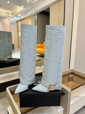BALMAIN 26S KNEE-HIGH BOOTS 100 MM IN LIGHT BLUE DENIM