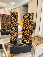 BALMAIN 26S KNEE-HIGH BOOTS 100 MM IN LEOPARD PRINT PONY HAIR