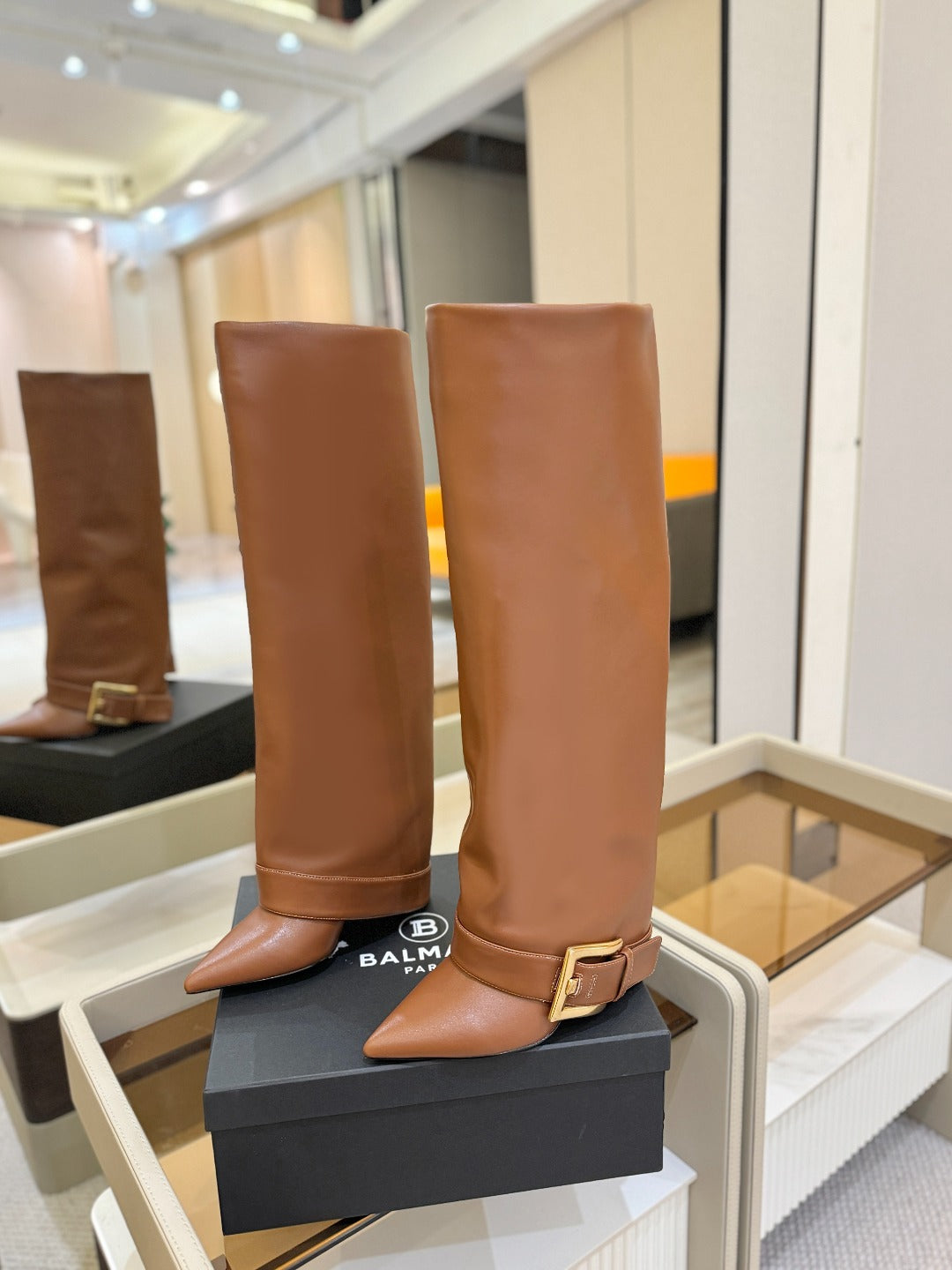BALMAIN 26S KNEE-HIGH BOOTS 100 MM IN BROWN CALFSKIN