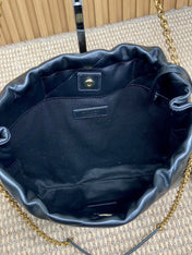 DRAWSTRING CHAIN STRAP SHOULDER BAG 39 IN BLACK QUILTED CALFSKIN