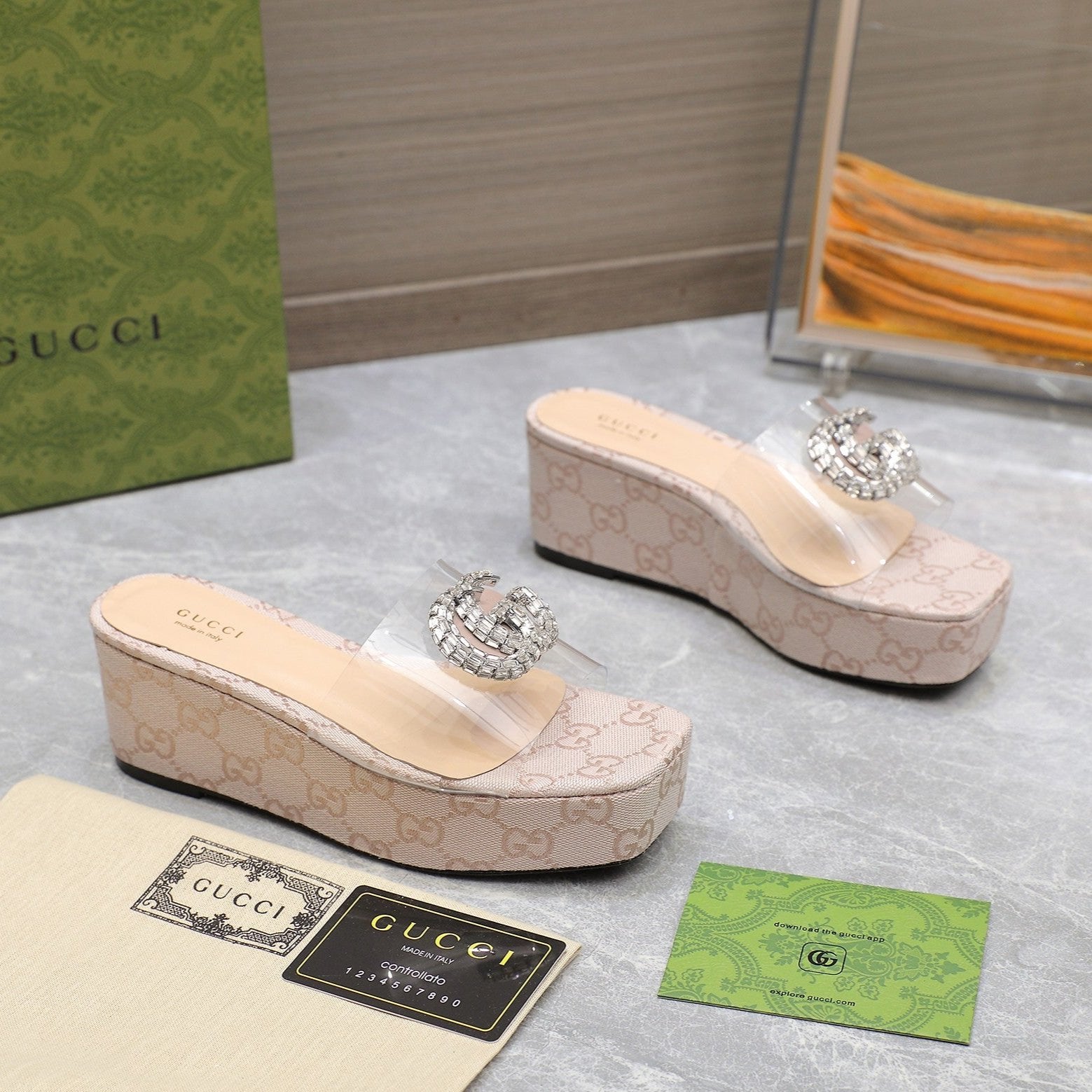 HIGH WEDGE PLATFORM IN ALMOND BEIGE CANVAS WITH DOUBLE CRYSTAL G BUCKLE