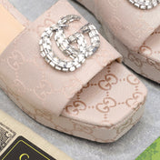 HIGH WEDGE PLATFORM WITH DOUBLE G IN ALMOND BEIGE CANVAS