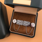 MIUMIU 26S RECTANGULAR LOGO CHAIN STUD EARRINGS IN BLACK ENAMEL AND SILVER TONE METAL 629947