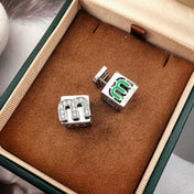MIUMIU 26S CUBE LOGO CRYSTAL STUD EARRINGS IN MULTICOLOR ENAMEL AND SILVER TONE METAL 630875
