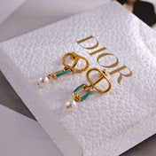 CD 26S LOGO ENAMEL LINK PEARL DROP EARRINGS IN GOLD METAL