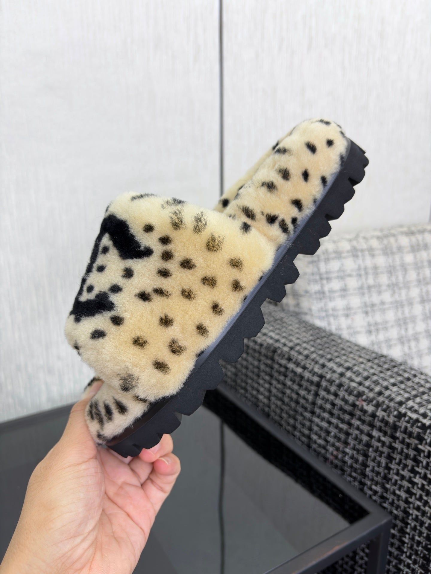 CHANEL 26S PLATFORM SLIDE SANDALS IN BEIGE AND BLACK SHEARLING DALMATIAN PRINT