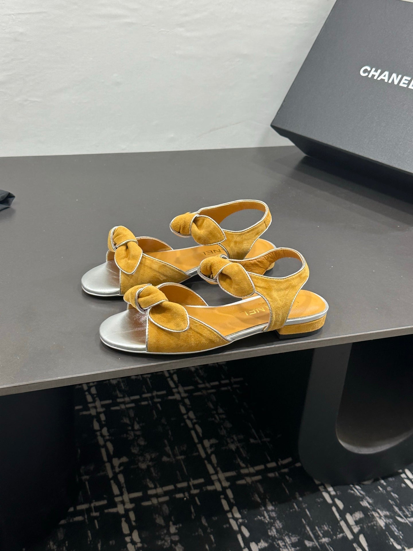 CHANEL 26S BOW SANDALS IN MUSTARD YELLOW AND SILVER SUEDE