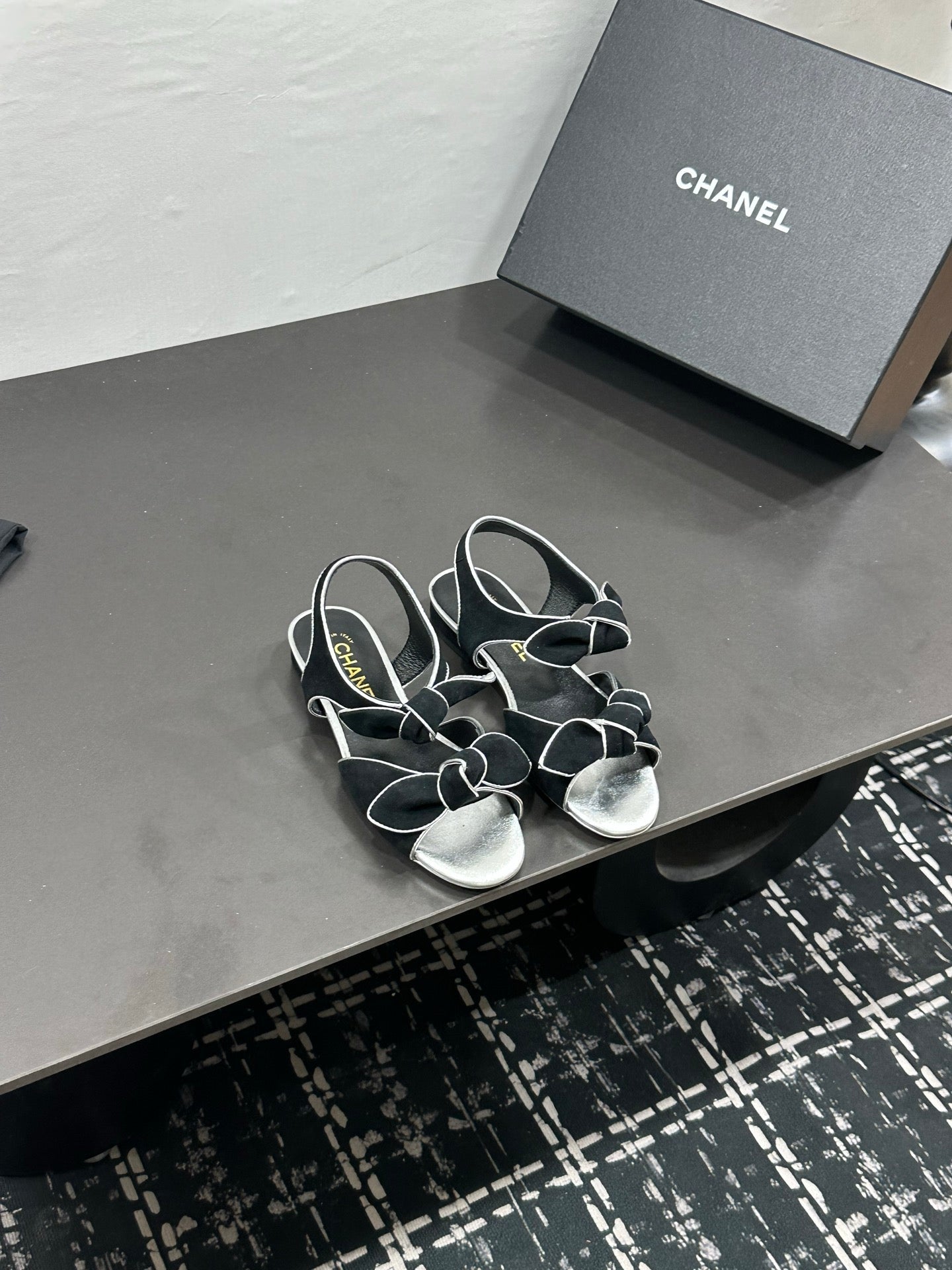 CHANEL 26S BOW SANDALS IN BLACK AND SILVER SUEDE