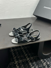 CHANEL 26S BOW SANDALS IN BLACK AND SILVER SUEDE