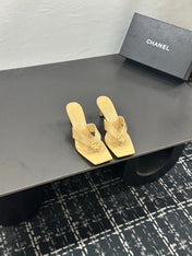 CHANEL 26S HIGH-HEEL THONG SANDALS IN LIGHT YELLOW LAMBSKIN WITH FLOWER DETAIL