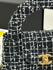 KELLY SHOPPING BAG 19 IN BLACK MIX WHITE TWEED GOLD HARDWARE