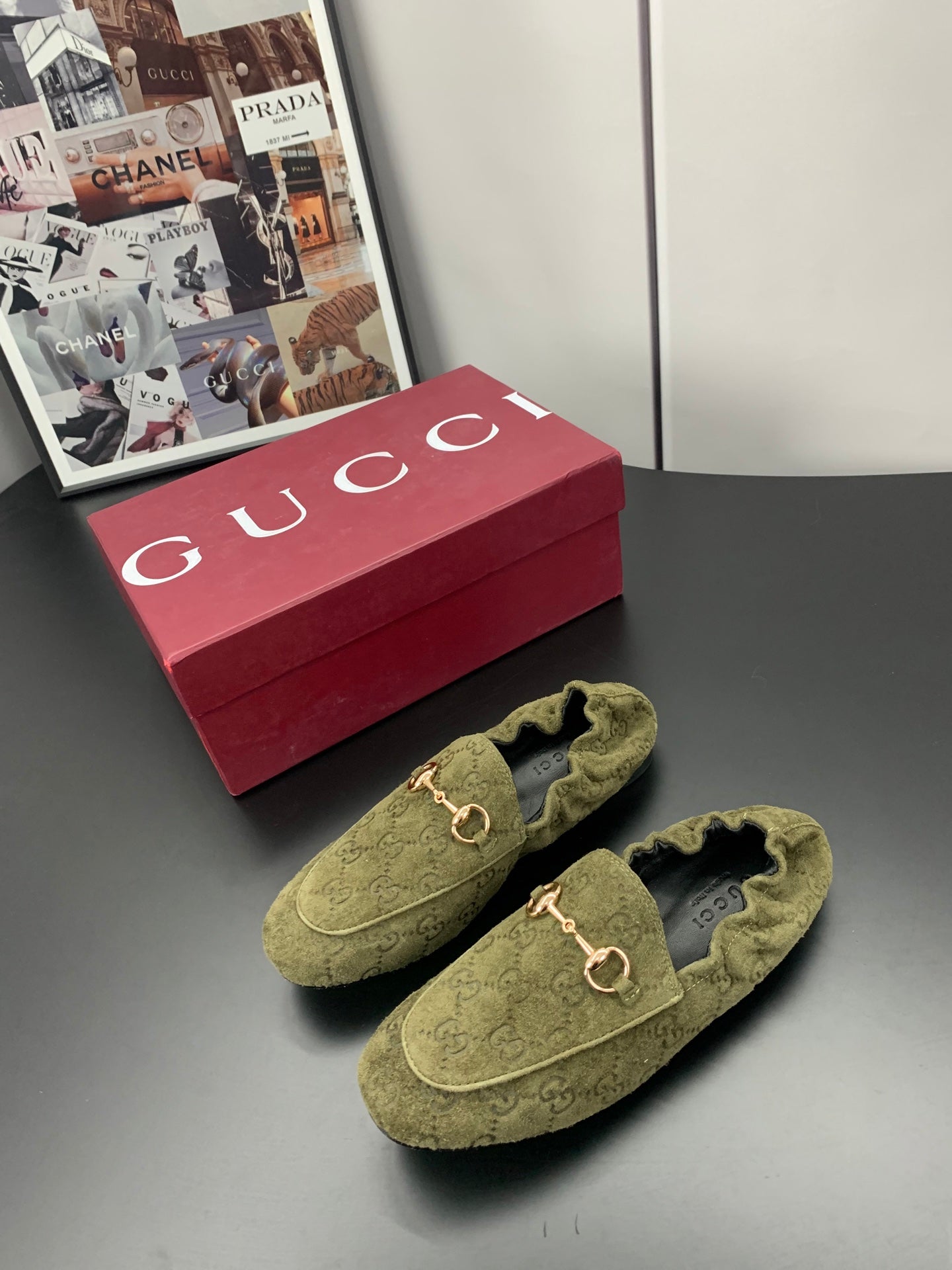 GUCCI 26S LOAFERS IN MOSS GREEN SUEDE WITH GOLD HARDWARE