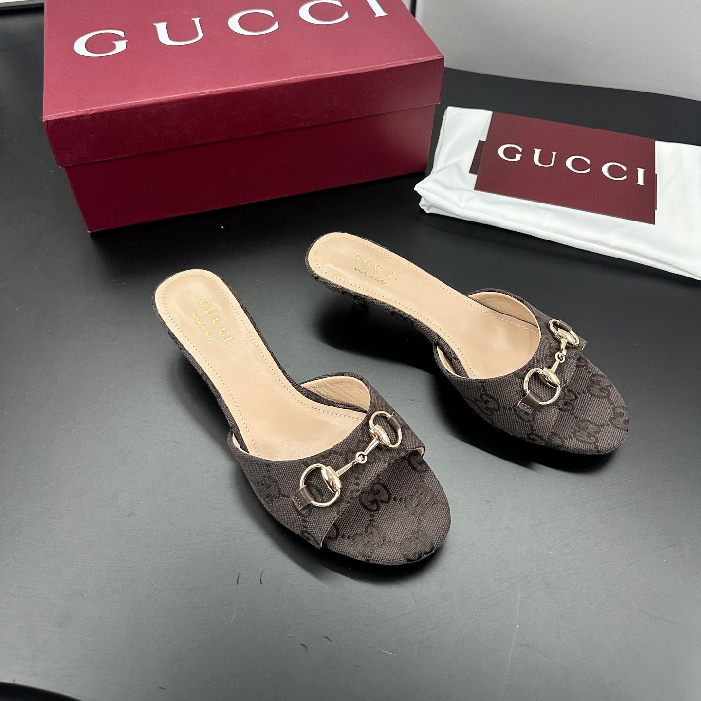 GUCCI 26S HIGH-HEELED SANDALS 50 MM IN DARK BROWN CANVAS
