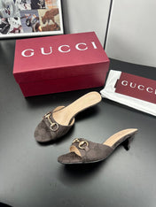 GUCCI 26S HIGH-HEELED SANDALS 50 MM IN DARK BROWN CANVAS