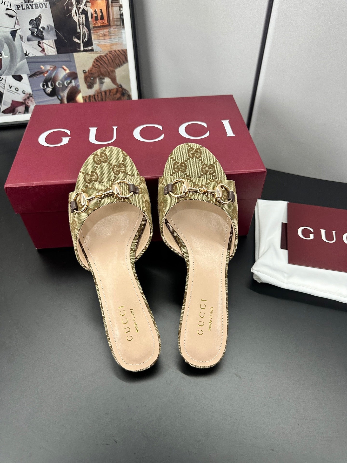 GUCCI 26S HIGH-HEELED SANDALS 50 MM IN DARK BEIGE CANVAS