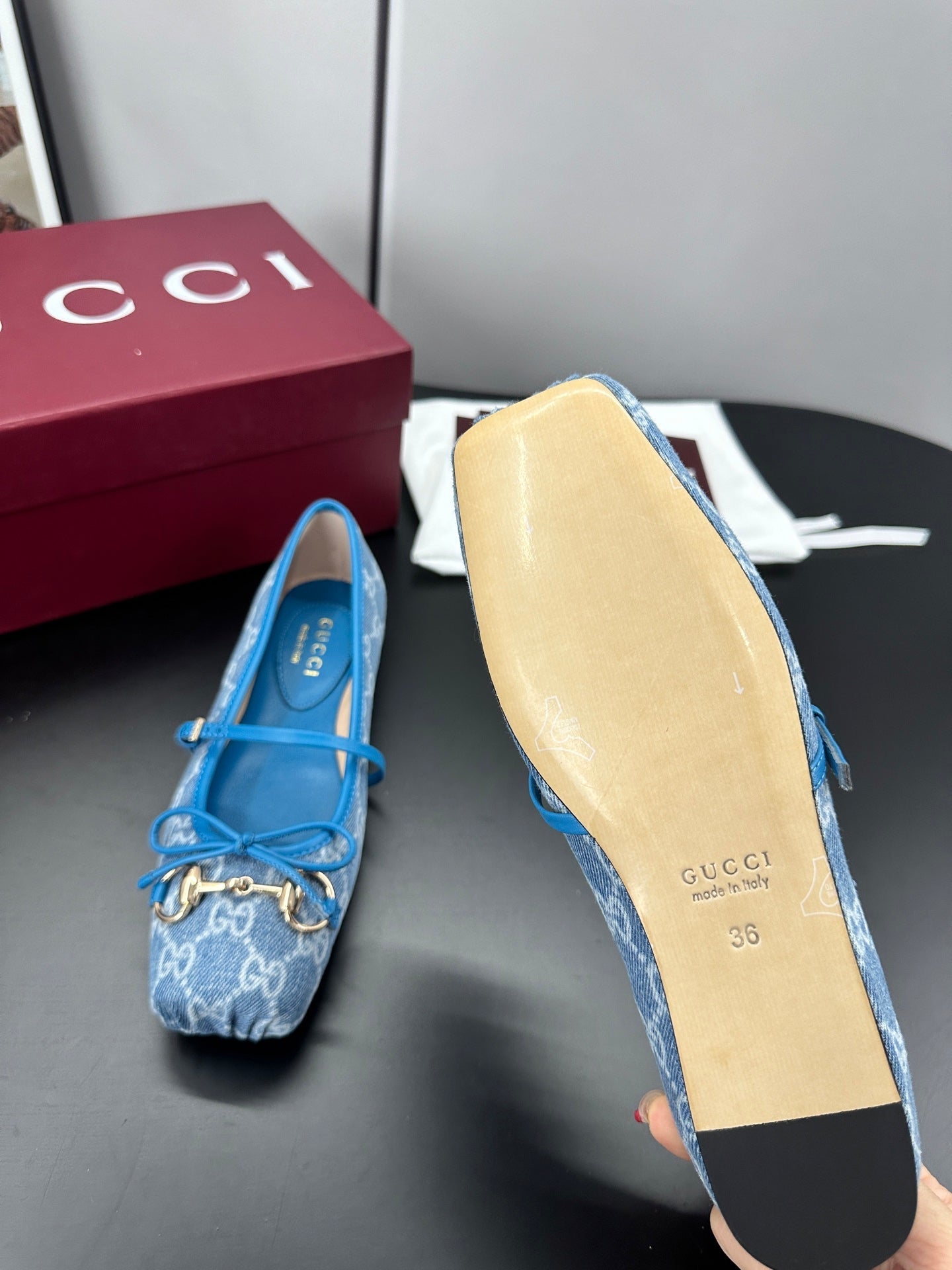 GUCCI 26S BALLET FLATS IN BLUE DENIM