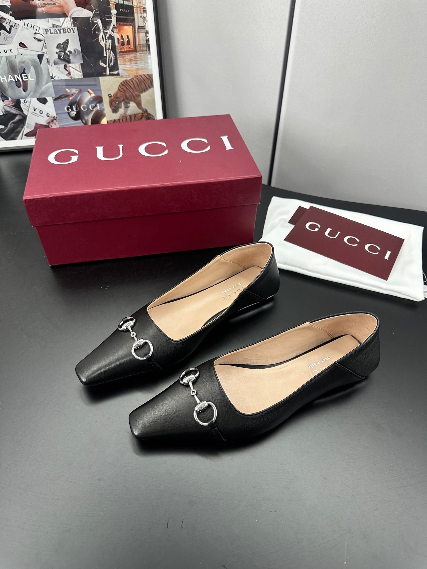 GUCCI 26S VITTORIA BALLERINA SHOES IN BLACK CALFSKIN