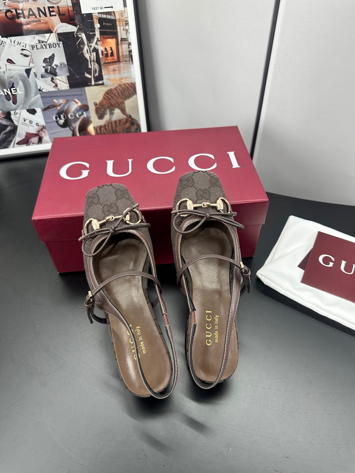 GUCCI 26S SLINGBACK 25 MM IN TAUPE BROWN CANVAS