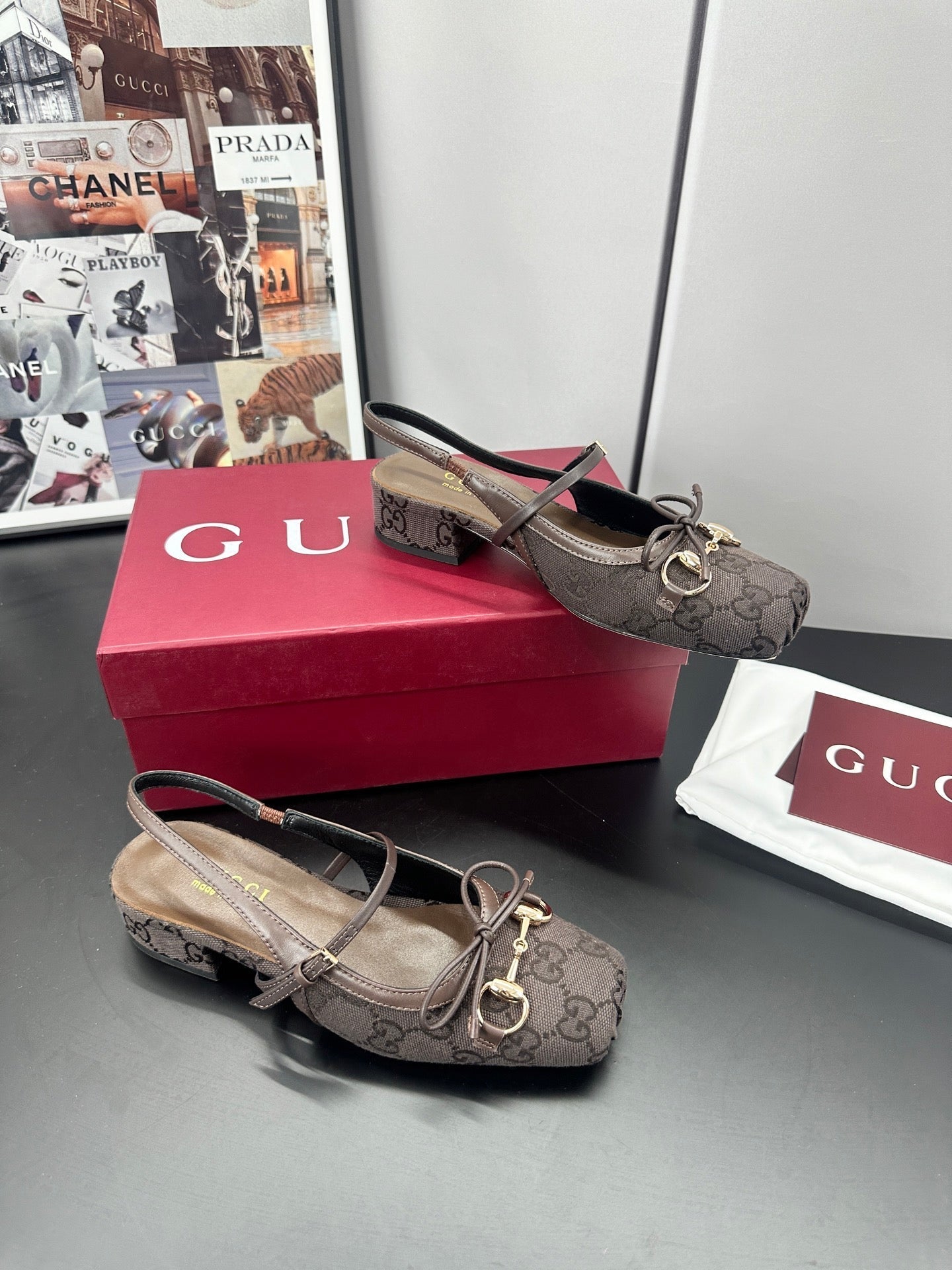 GUCCI 26S SLINGBACK 25 MM IN TAUPE BROWN CANVAS