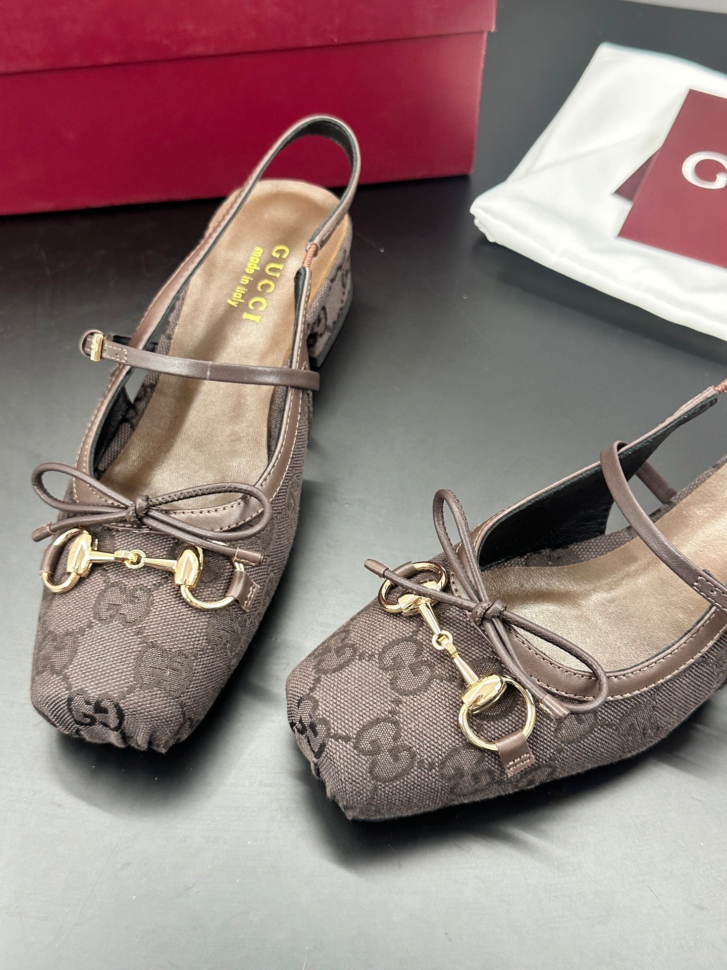 GUCCI 26S SLINGBACK 25 MM IN TAUPE BROWN CANVAS