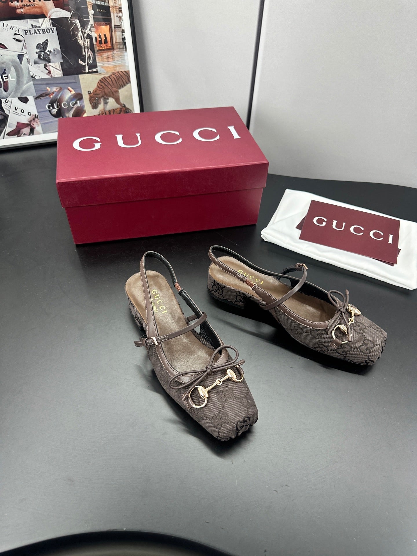 GUCCI 26S SLINGBACK 25 MM IN TAUPE BROWN CANVAS