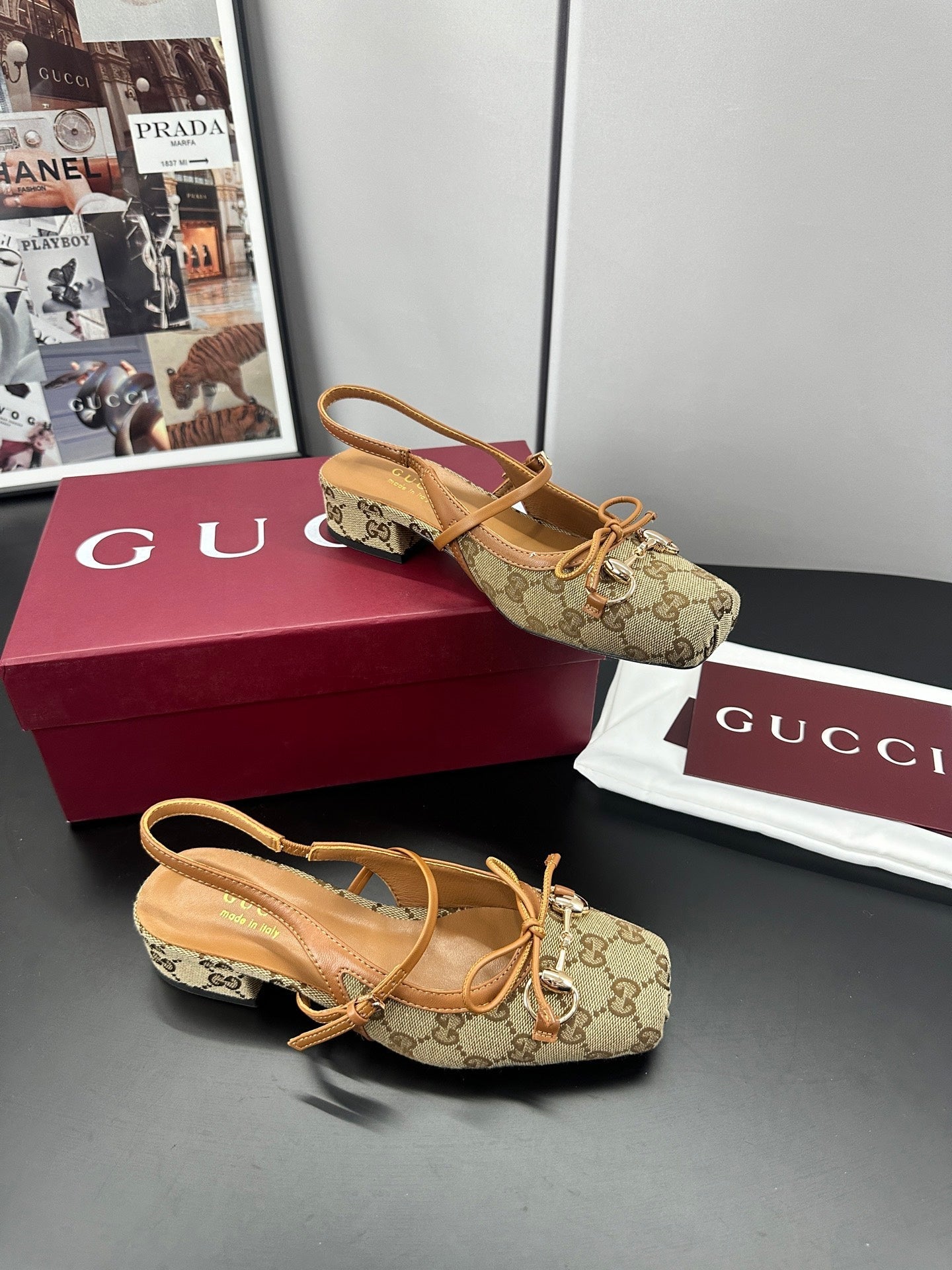 GUCCI 26S SLINGBACK 25 MM IN DARK BEIGE CANVAS