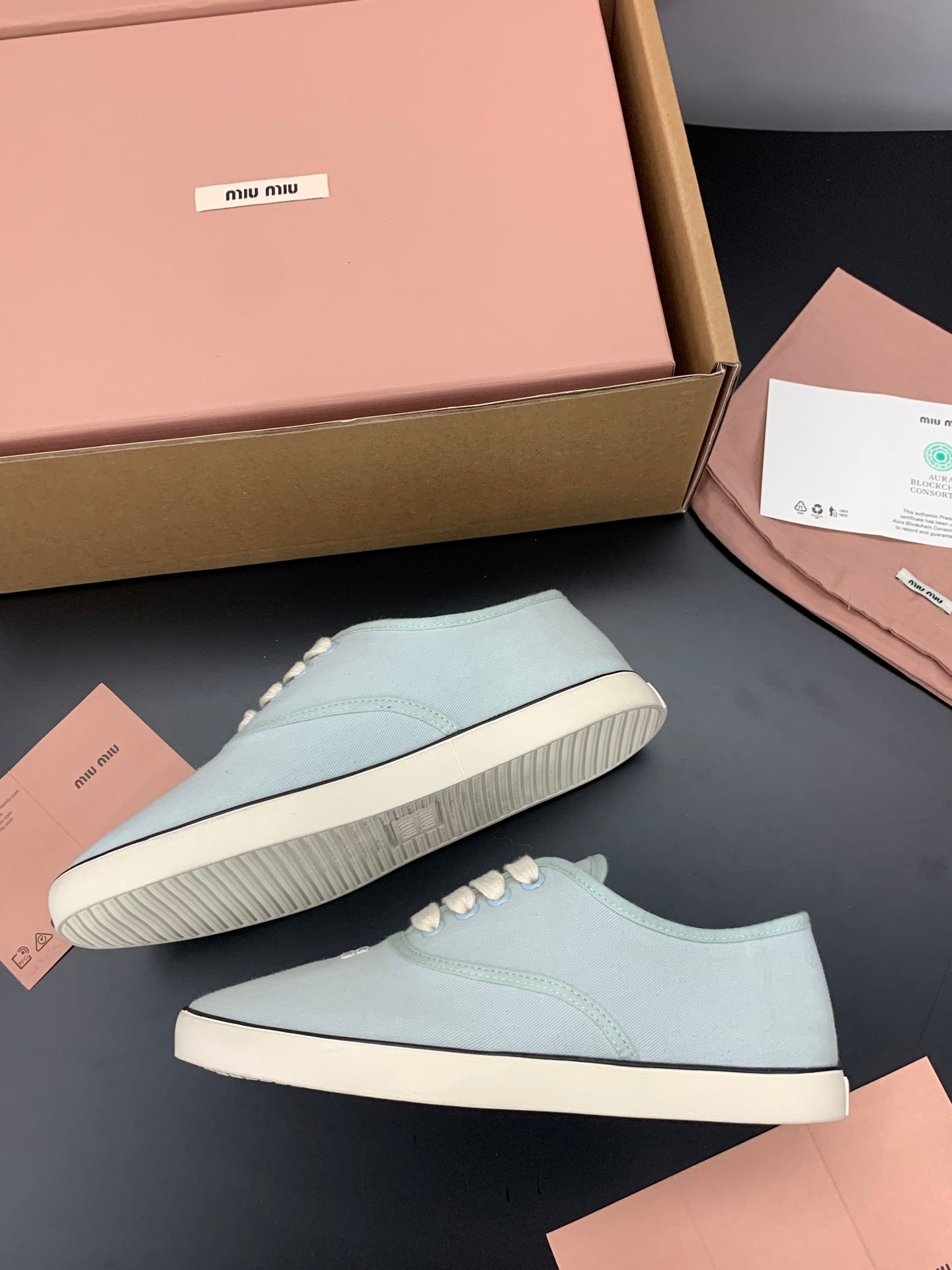 MIUMIU 26S LACE UP SNEAKERS IN PALE MINT CANVAS RUBBER SOLE